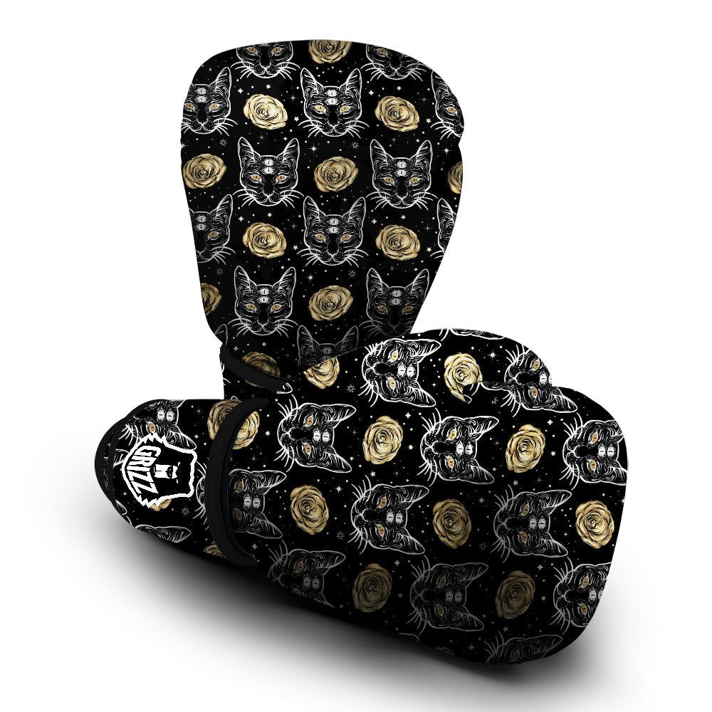 Four Eyed Cat And Roses Gold Print Pattern Boxing Gloves-grizzshop