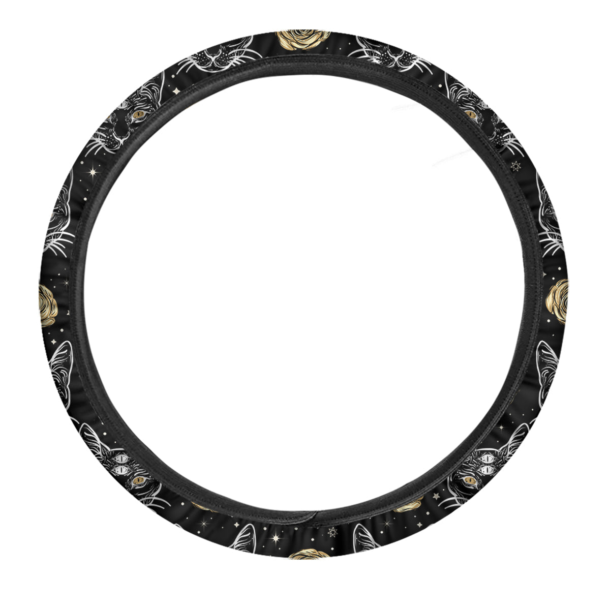 Four Eyed Cat And Roses Gold Print Pattern Car Steering Wheel Cover-grizzshop