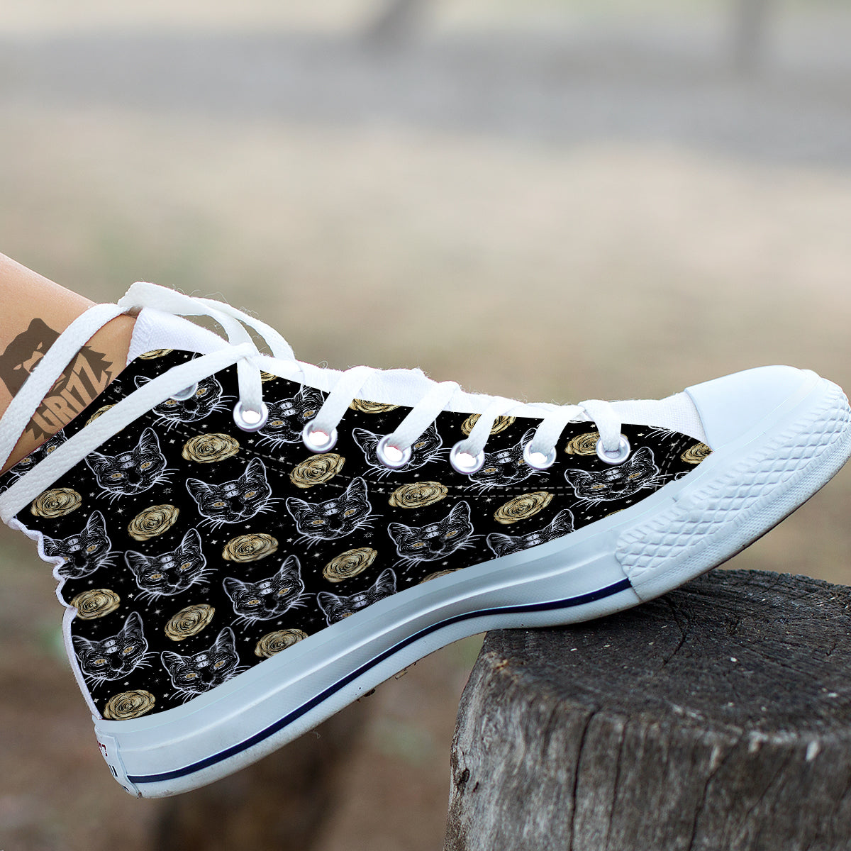 Four Eyed Cat And Roses Gold Print Pattern White High Top Shoes-grizzshop