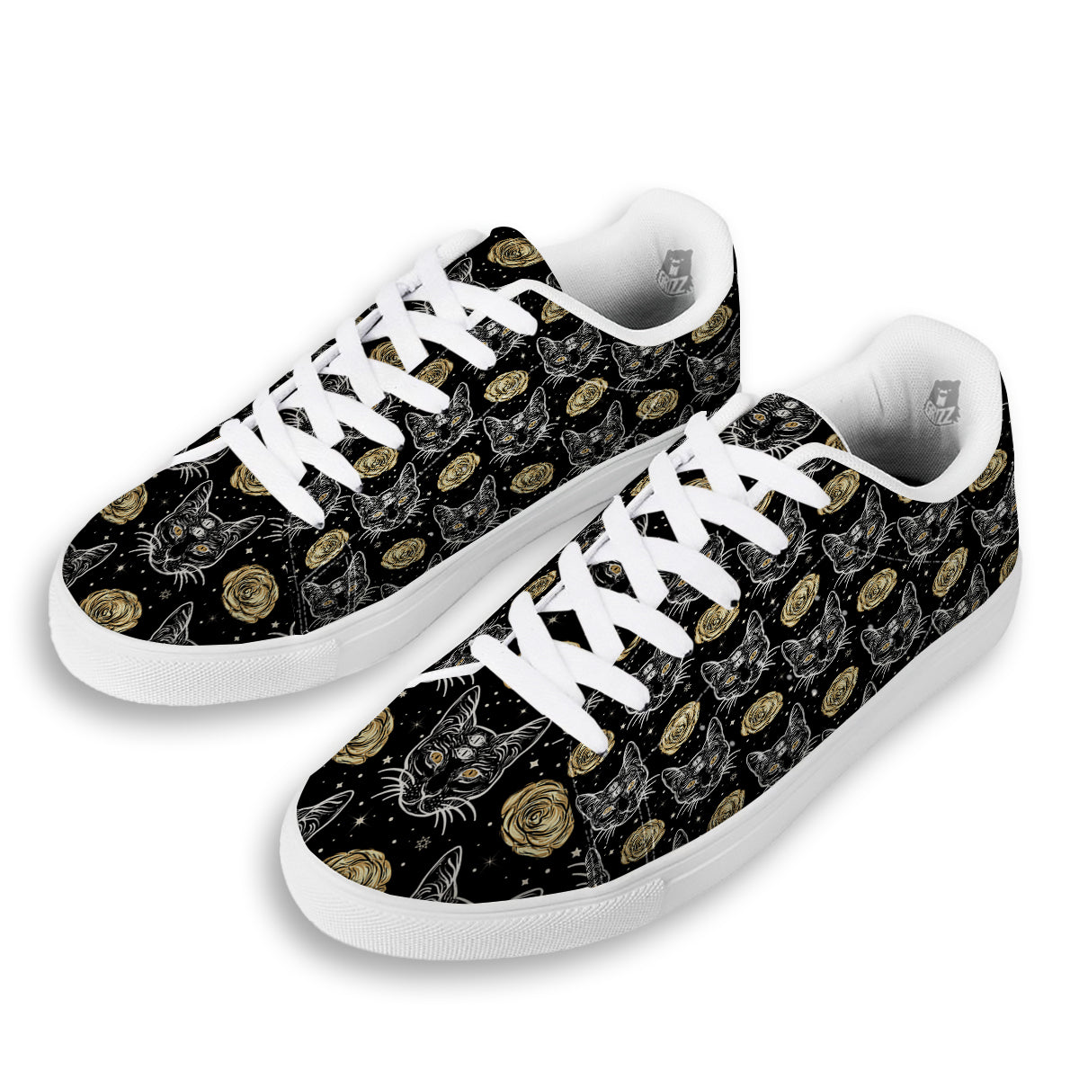 Four Eyed Cat And Roses Gold Print Pattern White Low Top Sneakers-grizzshop