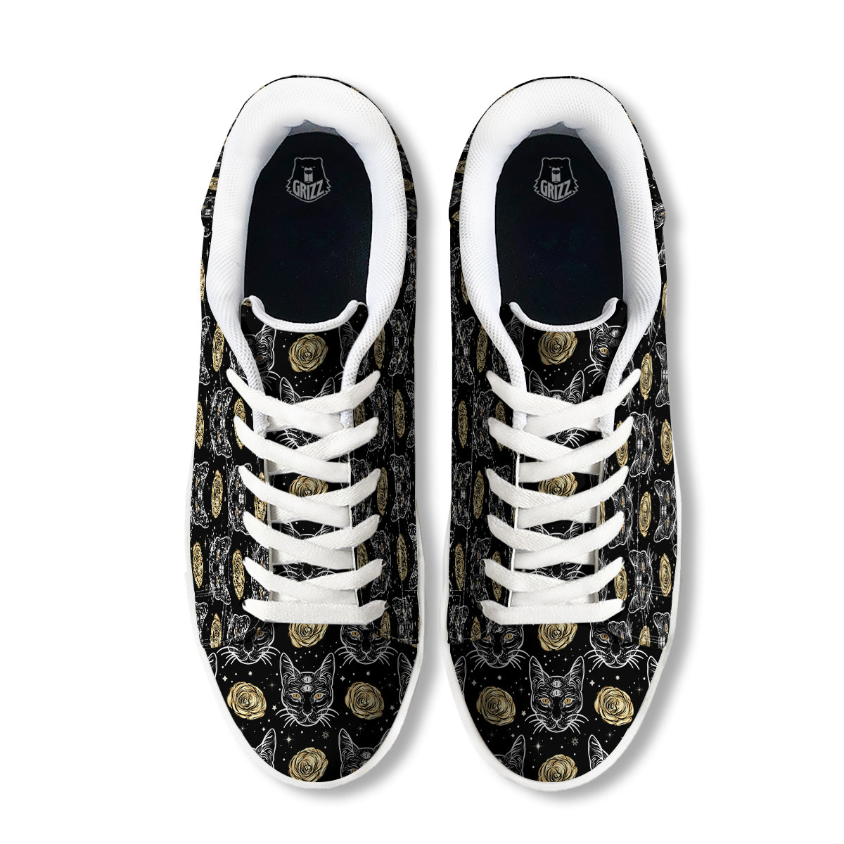 Four Eyed Cat And Roses Gold Print Pattern White Low Top Sneakers-grizzshop