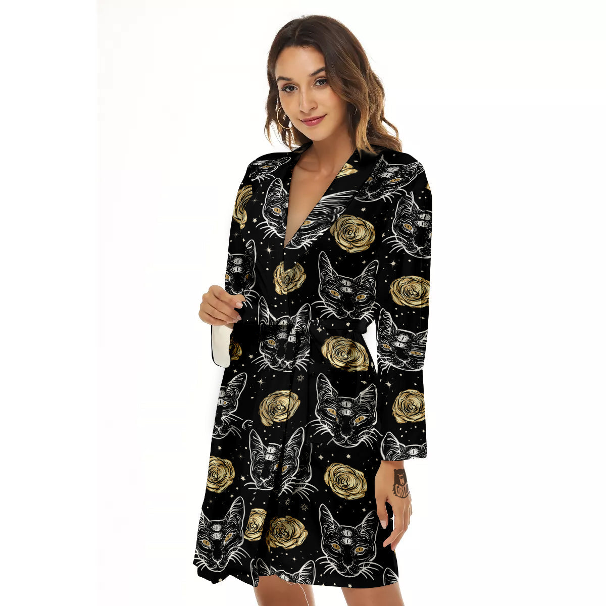 Four Eyed Cat And Roses Gold Print Pattern Women's Robe-grizzshop