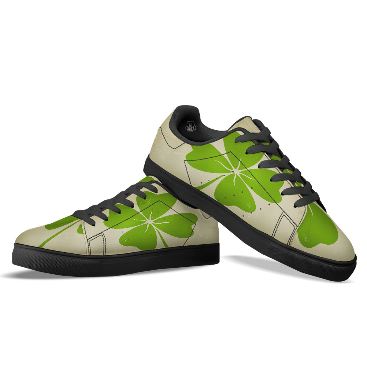 Four Leaf Clovers Irish Print Black Low Top Sneakers-grizzshop