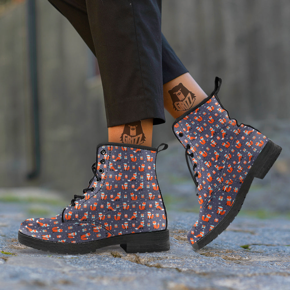 Fox Christmas Print Pattern Leather Boots-grizzshop