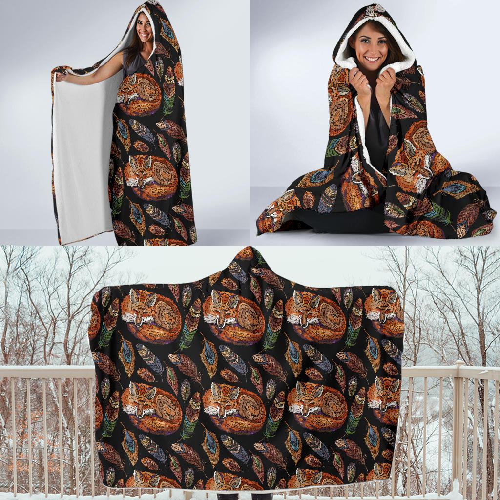 Fox Feather Pattern Print Hooded Blanket-grizzshop