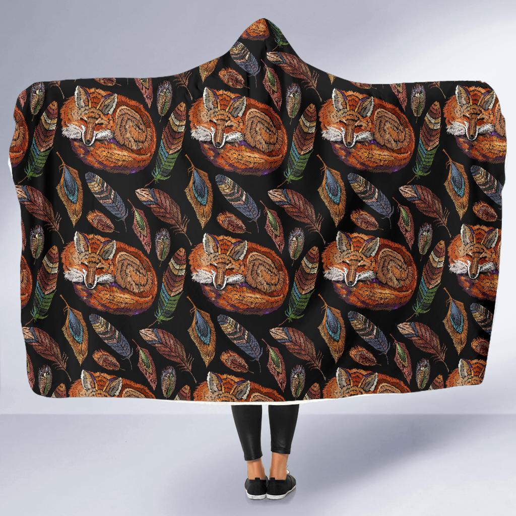 Fox Feather Pattern Print Hooded Blanket-grizzshop