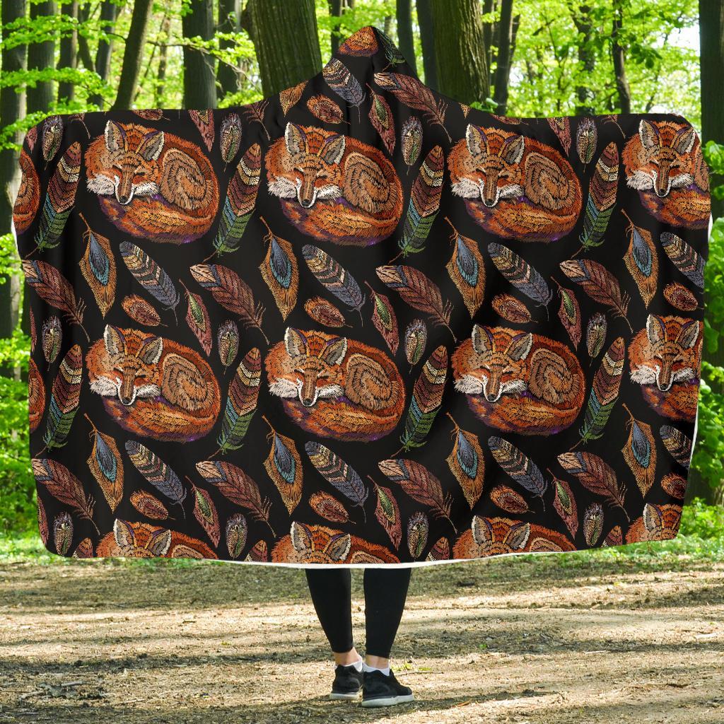 Fox Feather Pattern Print Hooded Blanket-grizzshop
