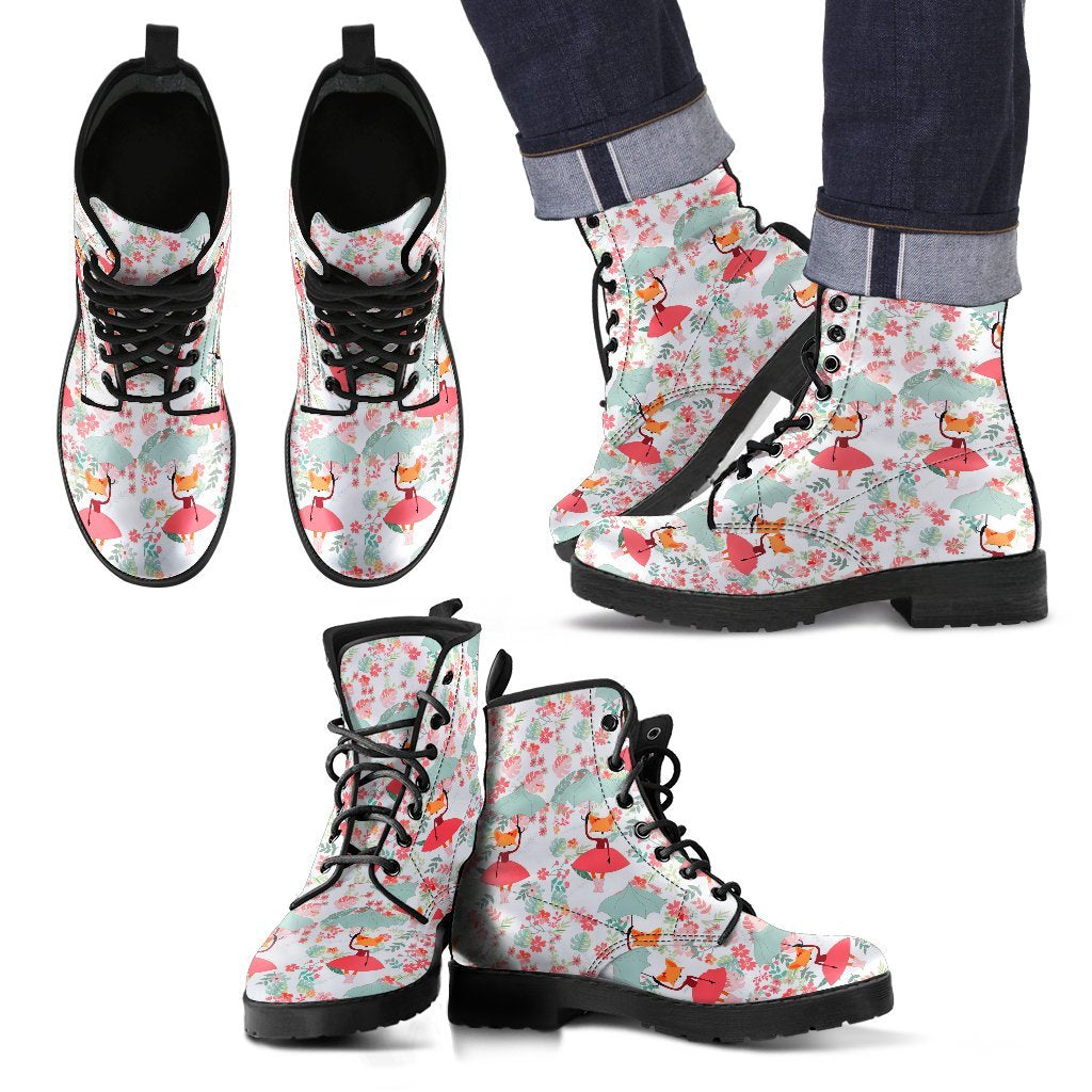 Fox Girl Flower Pattern Print Men Women Leather Boots-grizzshop