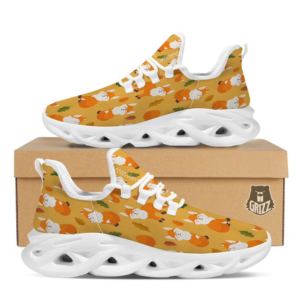 Fox Orange Print Pattern White Running Shoes-grizzshop