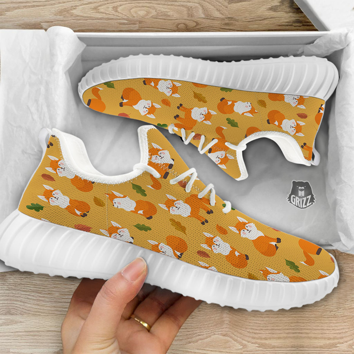 Fox Orange Print Pattern White Walking Shoes-grizzshop