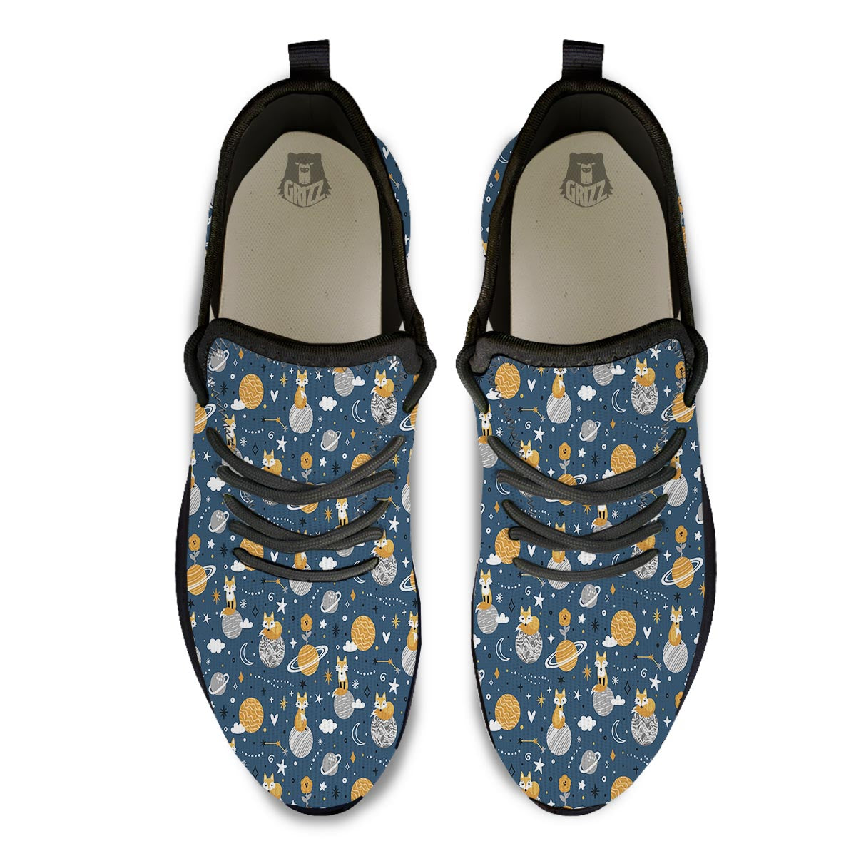 Fox Space Print Pattern Black Athletic Shoes-grizzshop