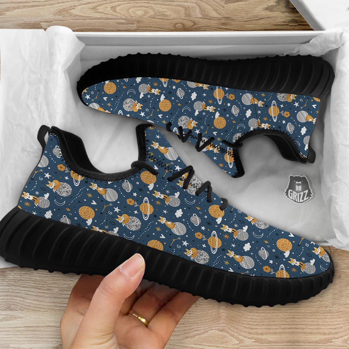 Fox Space Print Pattern Black Walking Shoes-grizzshop