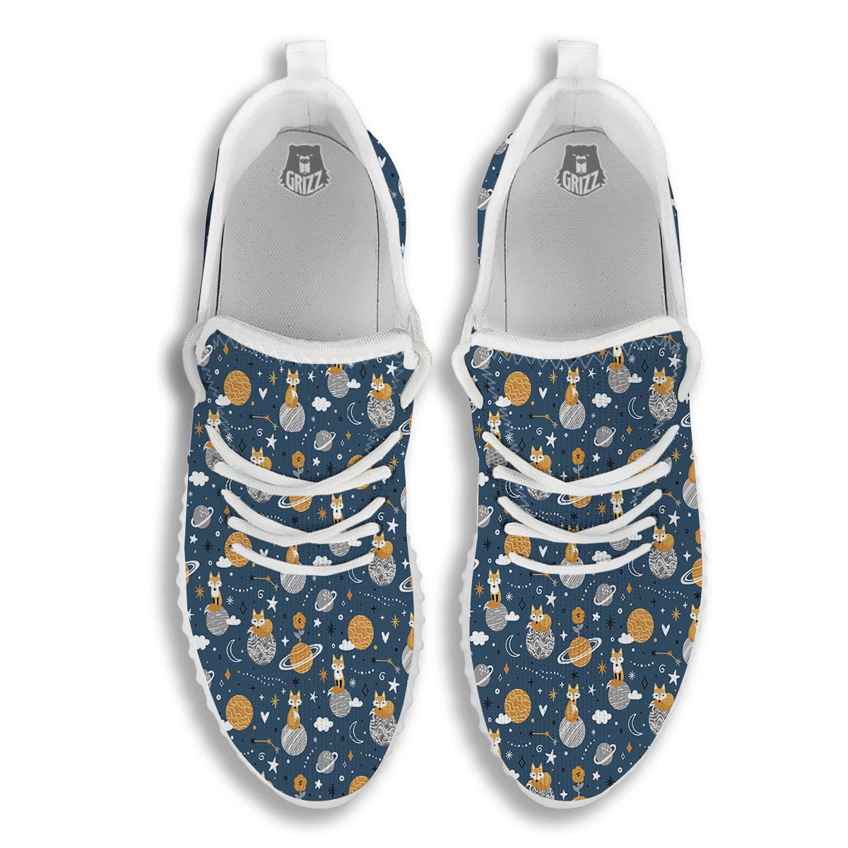 Fox Space Print Pattern White Walking Shoes-grizzshop