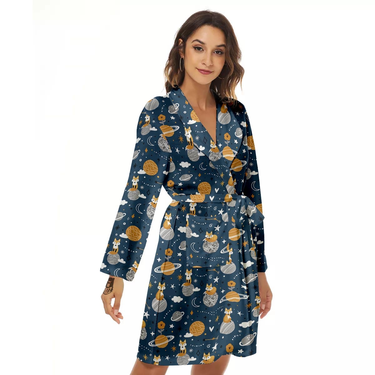 Fox Space Print Pattern Women's Robe-grizzshop