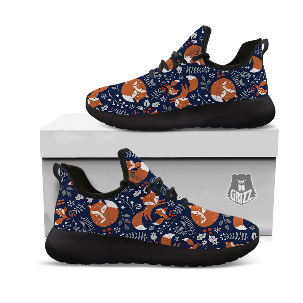 Fox Winter Print Pattern Black Athletic Shoes-grizzshop