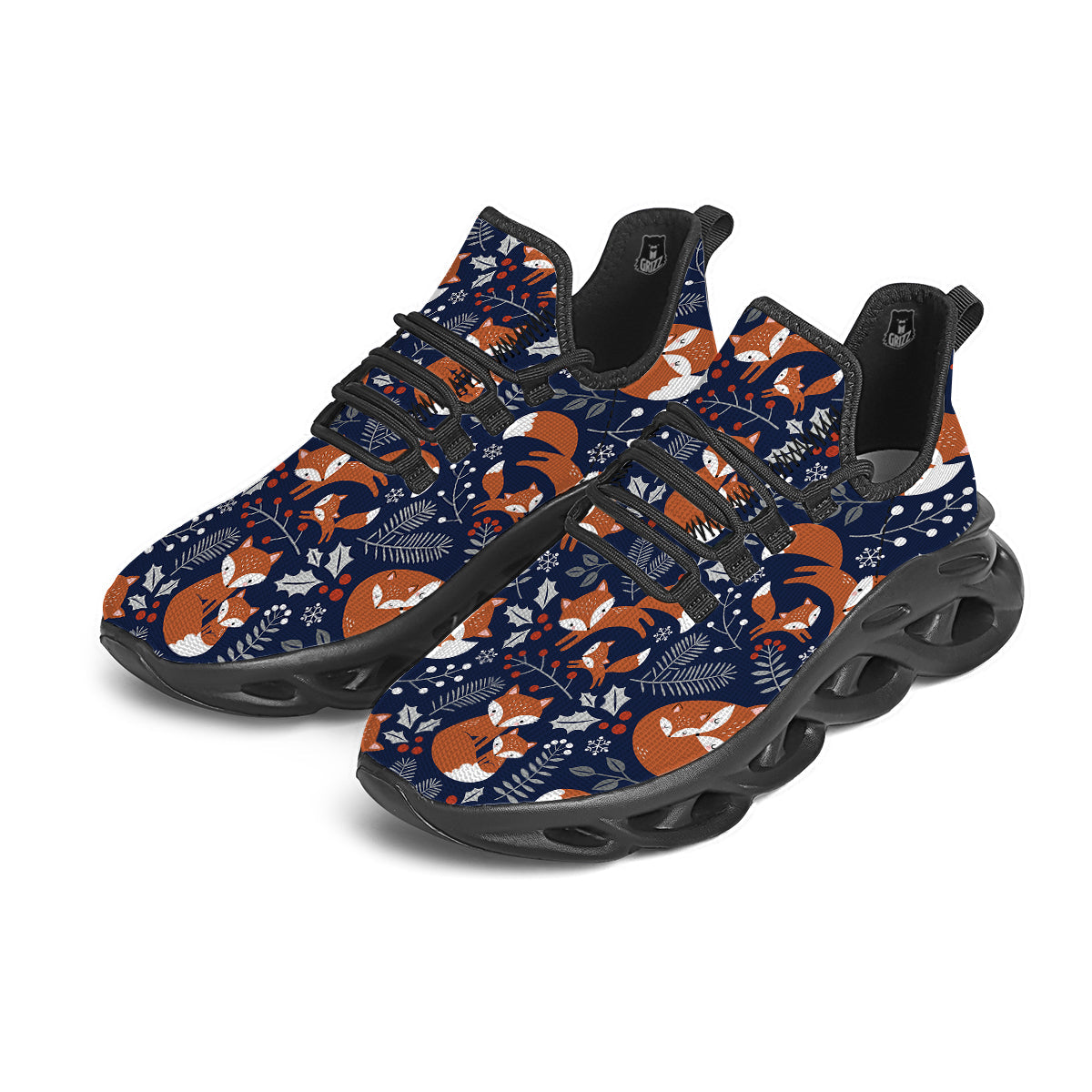 Fox Winter Print Pattern Black Running Shoes-grizzshop