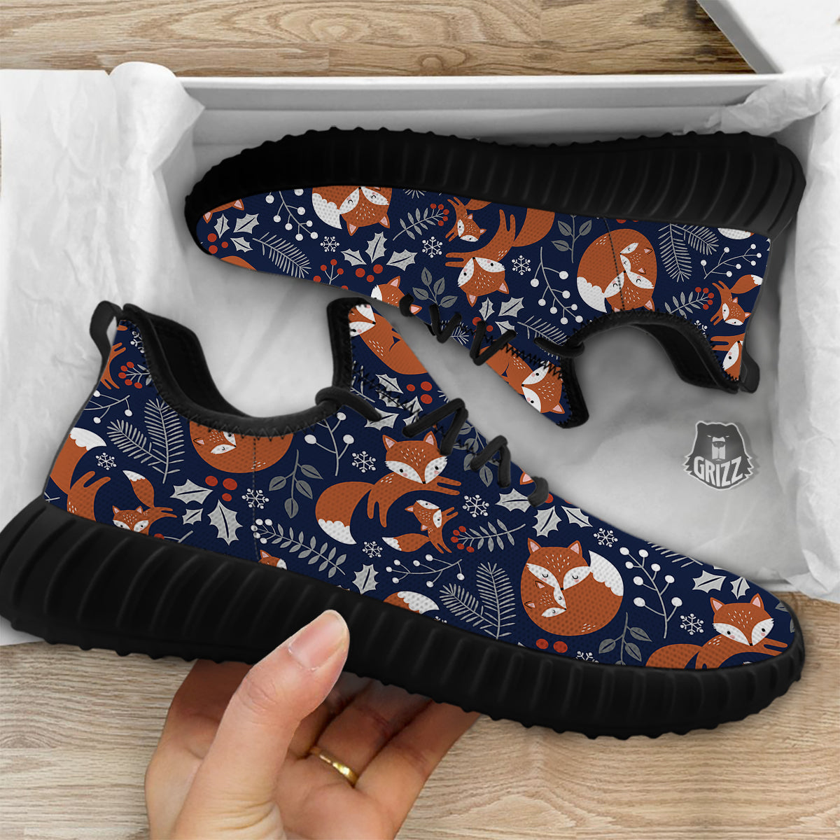 Fox Winter Print Pattern Black Walking Shoes-grizzshop