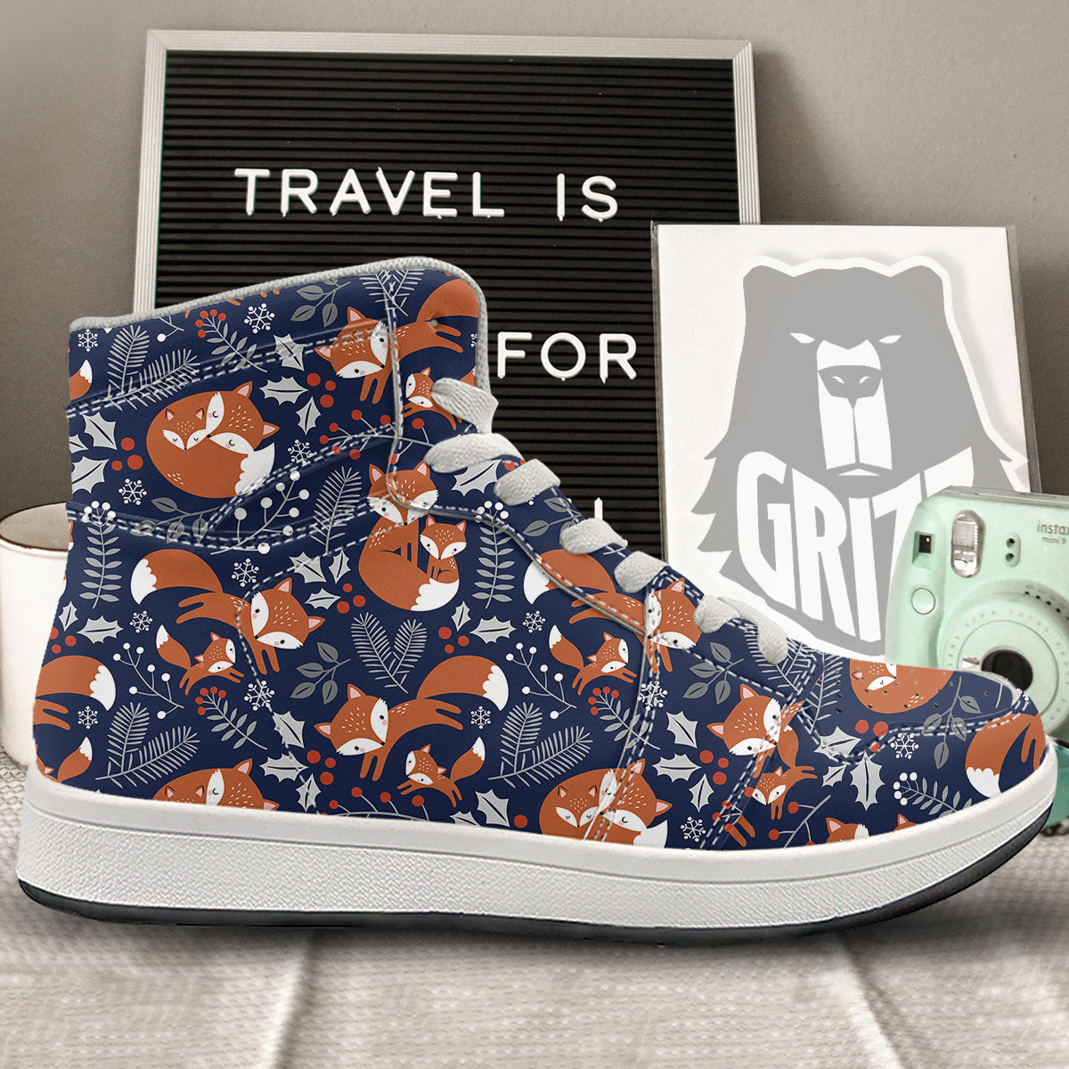 Fox Winter Print Pattern High Top Sneakers-grizzshop
