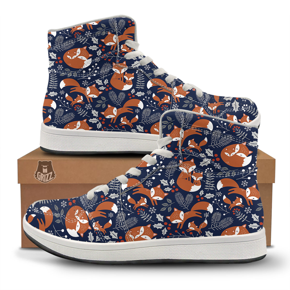 Fox Winter Print Pattern High Top Sneakers-grizzshop