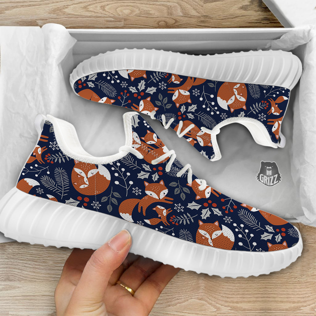 Fox Winter Print Pattern White Walking Shoes-grizzshop