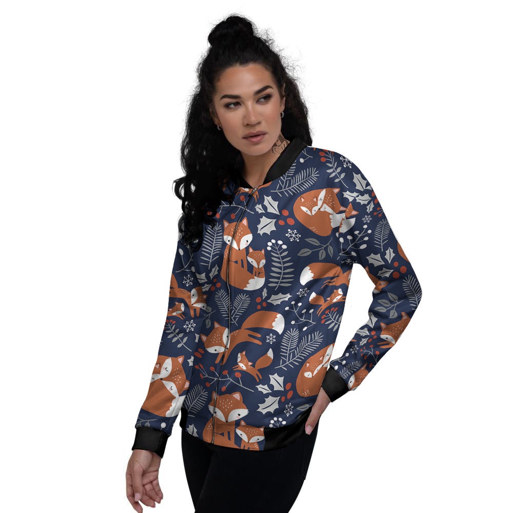 Fox Winter Print Pattern Women's Bomber Jacket-grizzshop