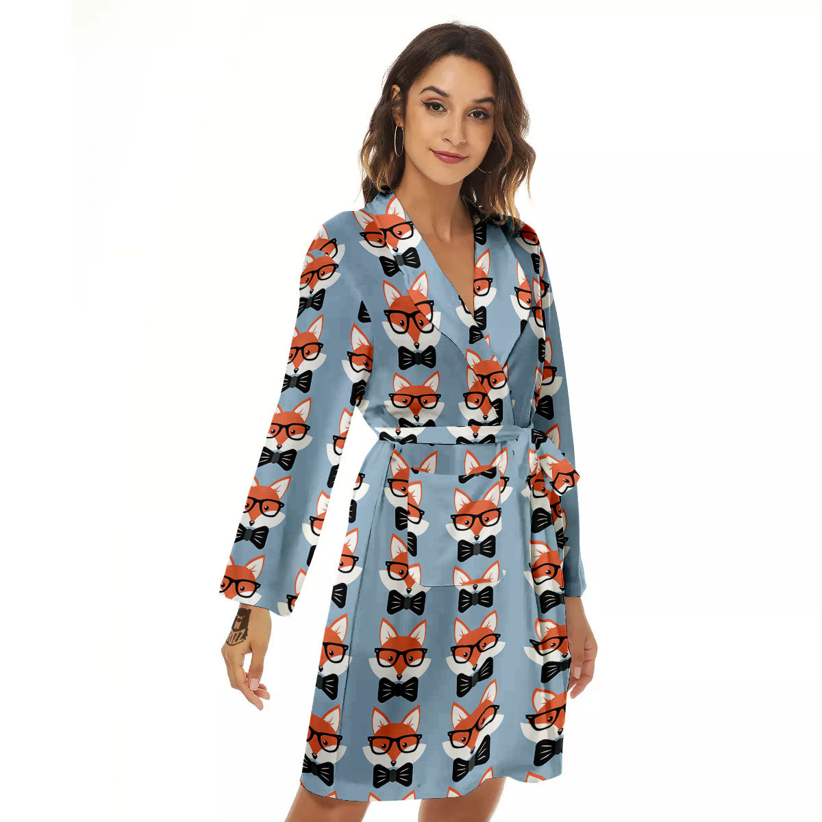 Fox With Glasses Print Pattern Women's Robe-grizzshop