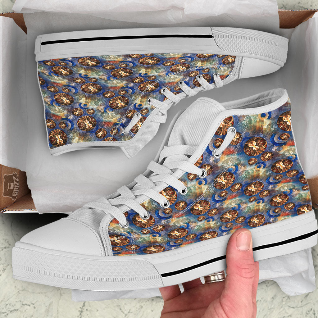Fractal Abstract Print White High Top Shoes-grizzshop