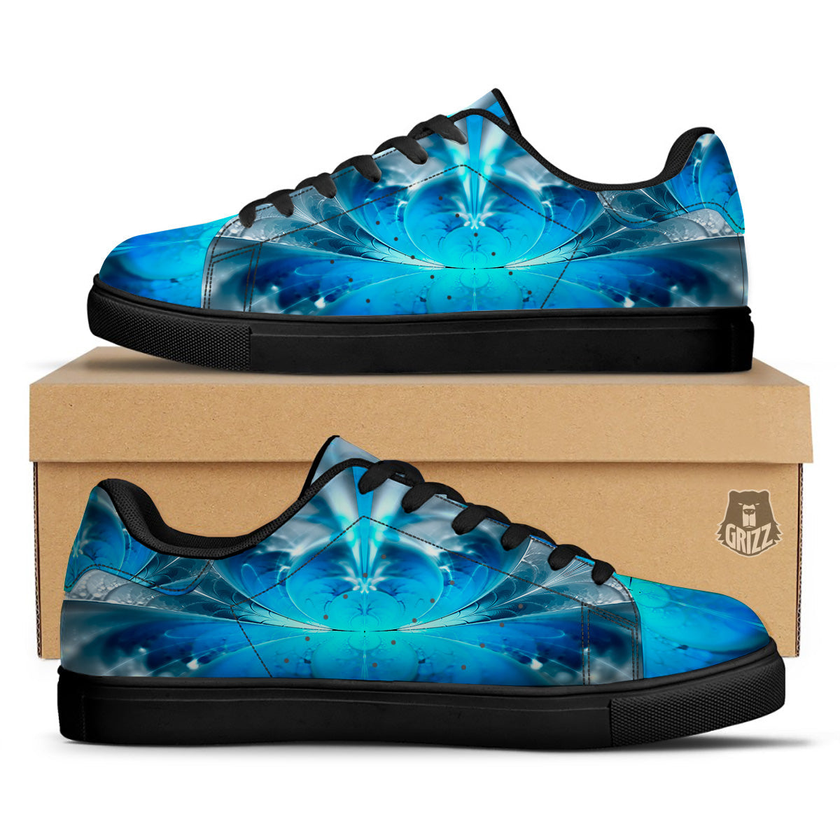 Fractal Blue Print Black Low Top Sneakers-grizzshop