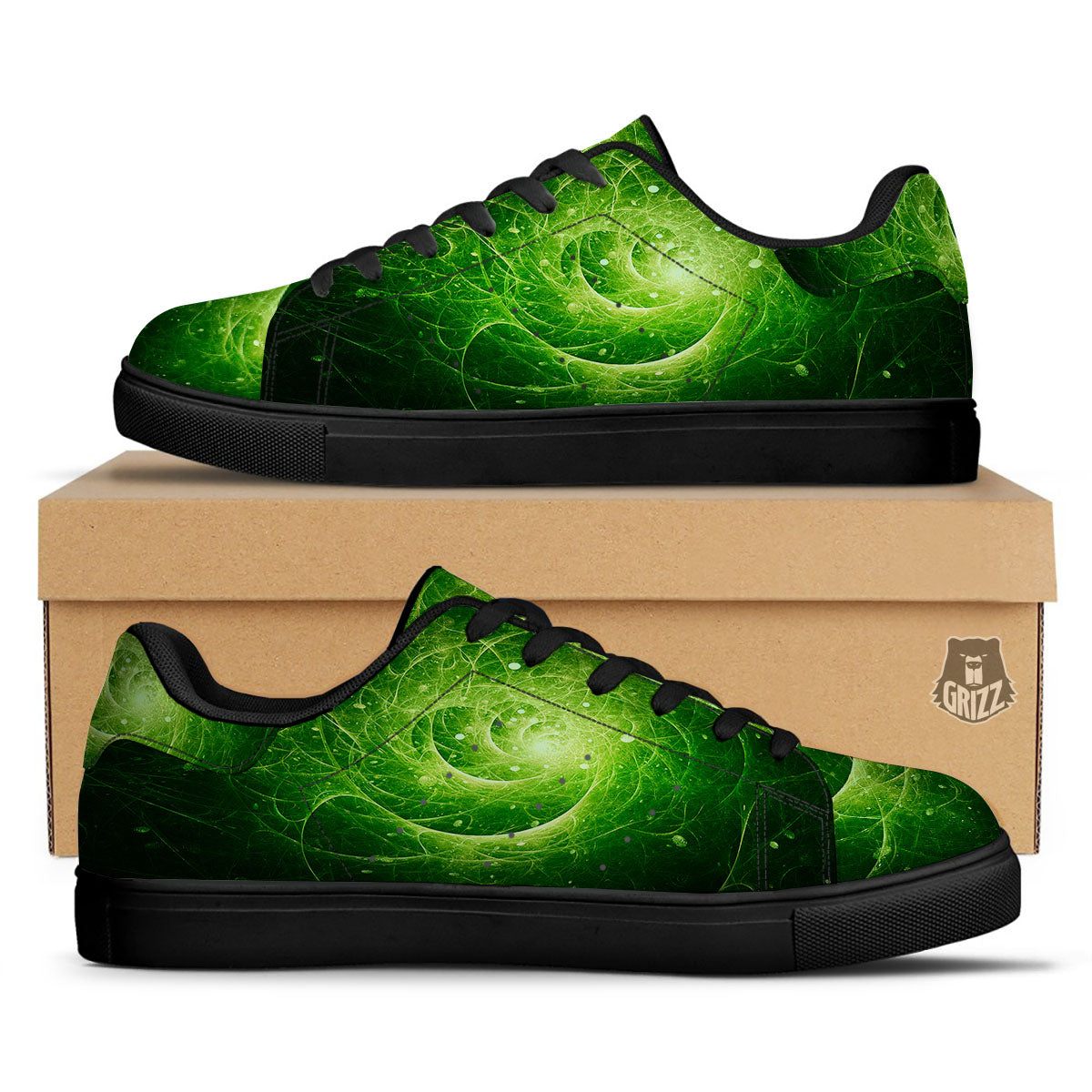Fractal Green Print Black Low Top Sneakers-grizzshop