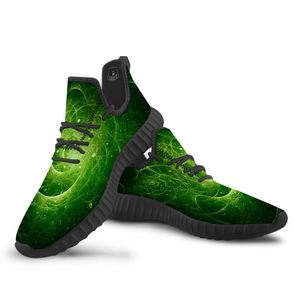 Fractal Green Print Black Walking Shoes-grizzshop