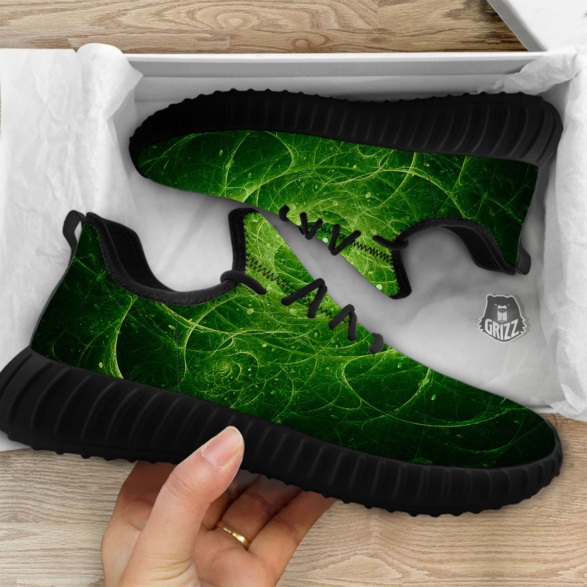 Fractal Green Print Black Walking Shoes-grizzshop