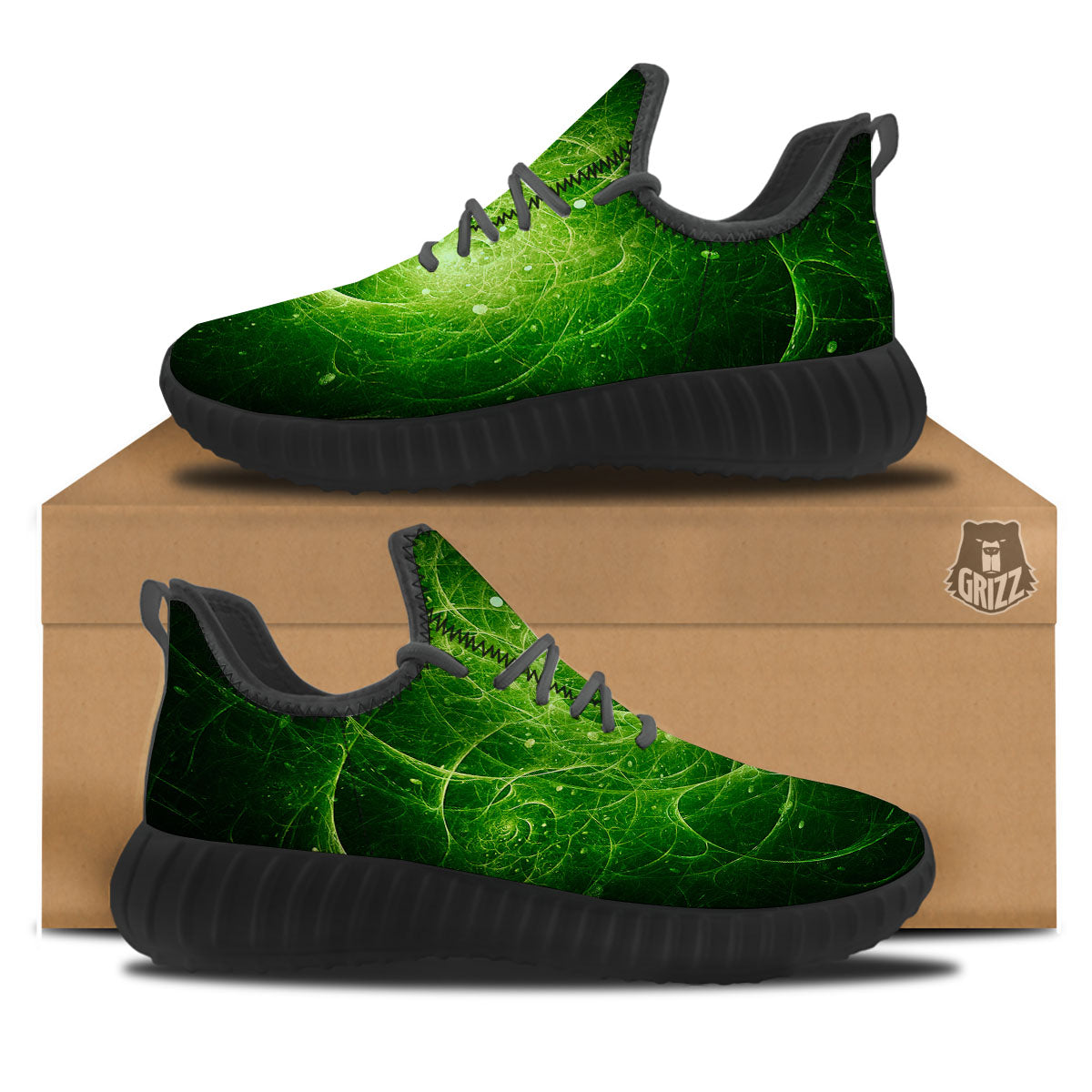 Fractal Green Print Black Walking Shoes-grizzshop