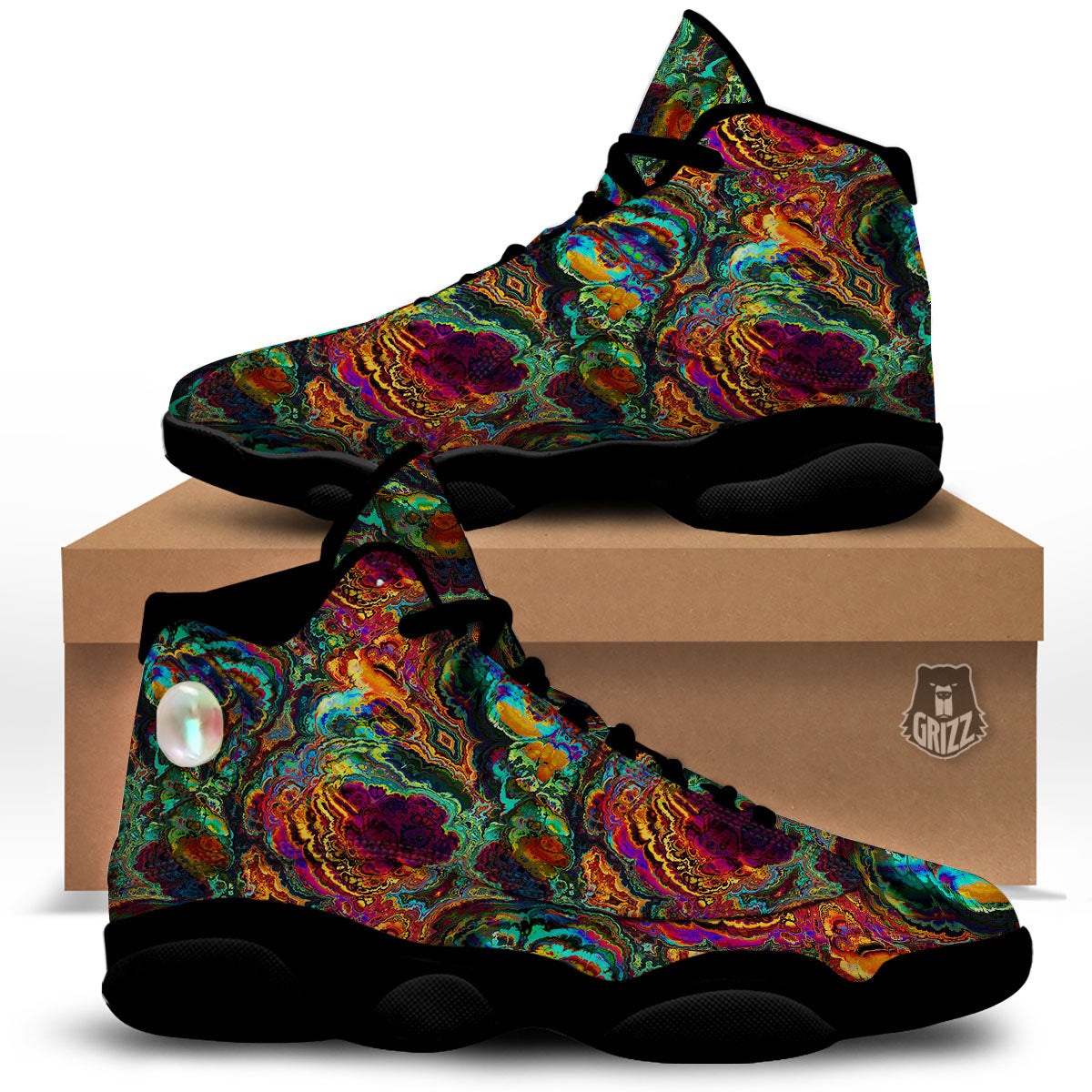 Fractal Psychedelic Print Pattern Black Basketball Shoes-grizzshop