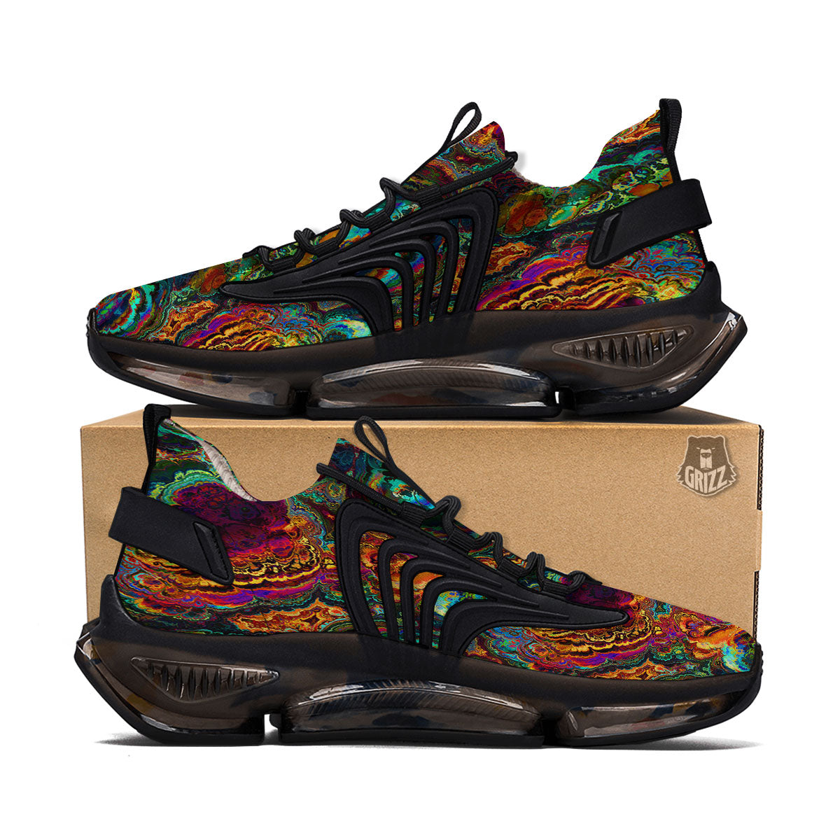 Fractal Psychedelic Print Pattern Black Gym Shoes-grizzshop