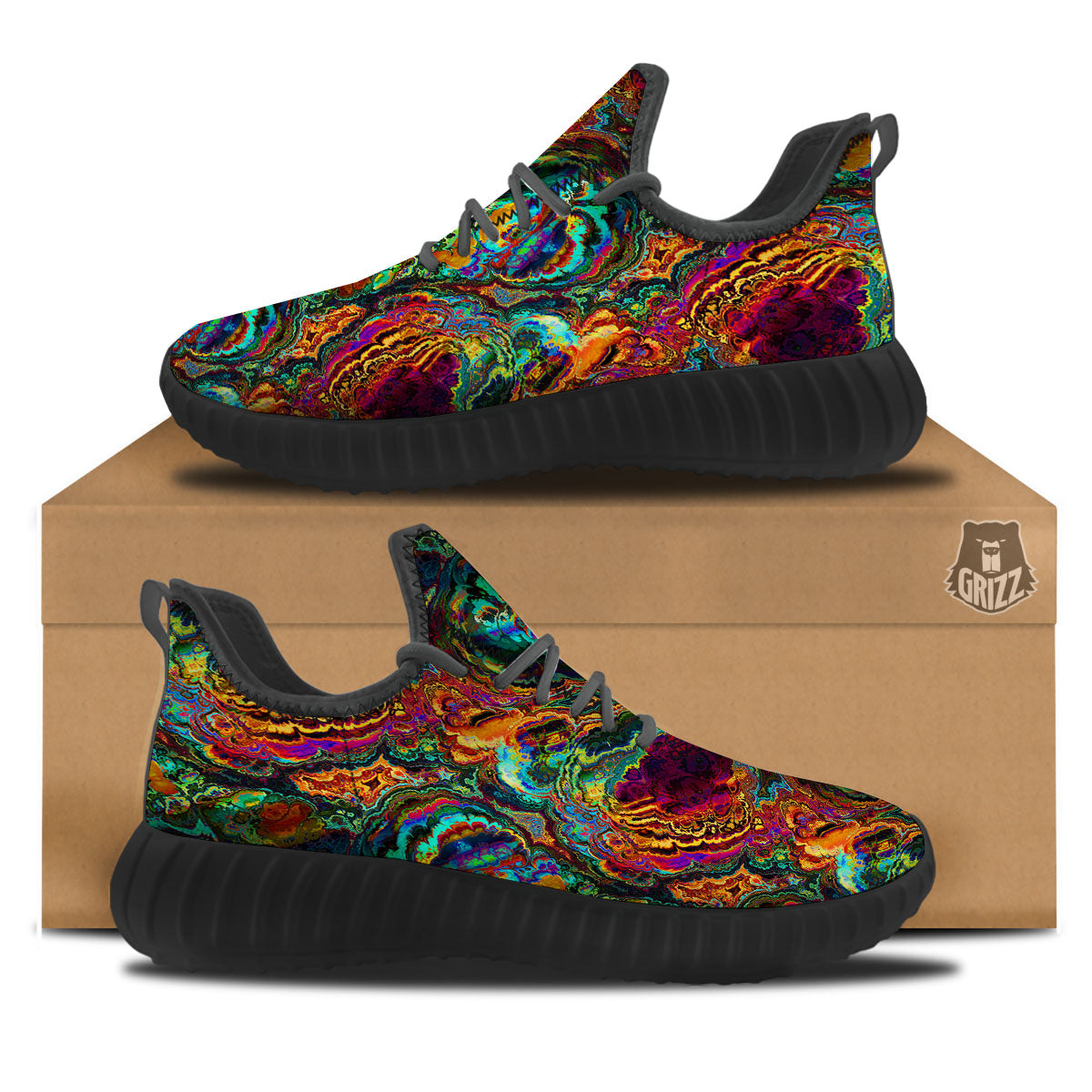 Fractal Psychedelic Print Pattern Black Walking Shoes-grizzshop