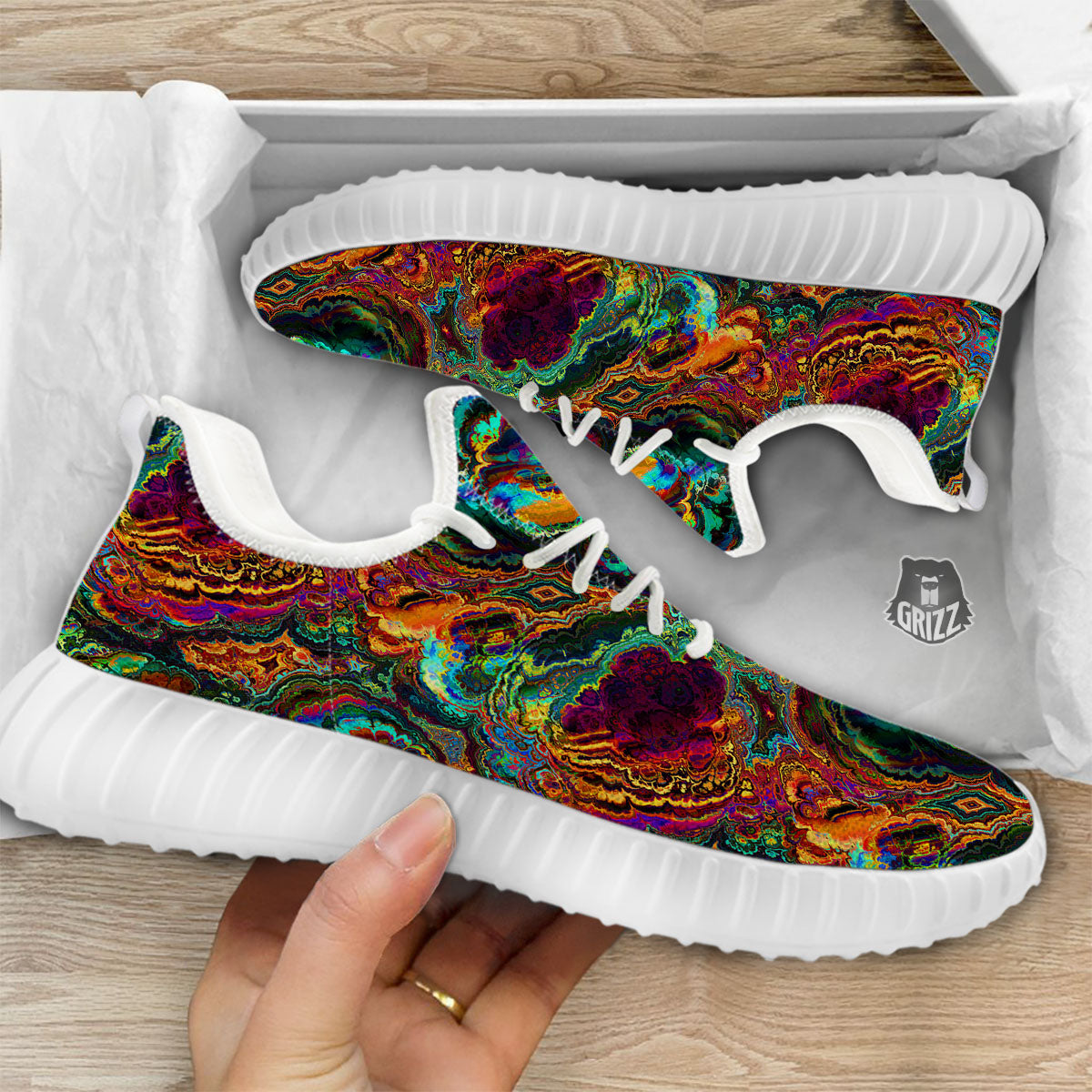 Fractal Psychedelic Print Pattern White Walking Shoes-grizzshop
