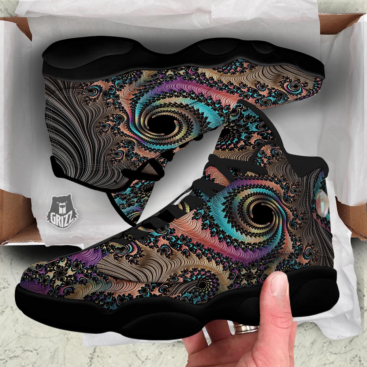 Fractal Trippy Print Black Basketball Shoes-grizzshop