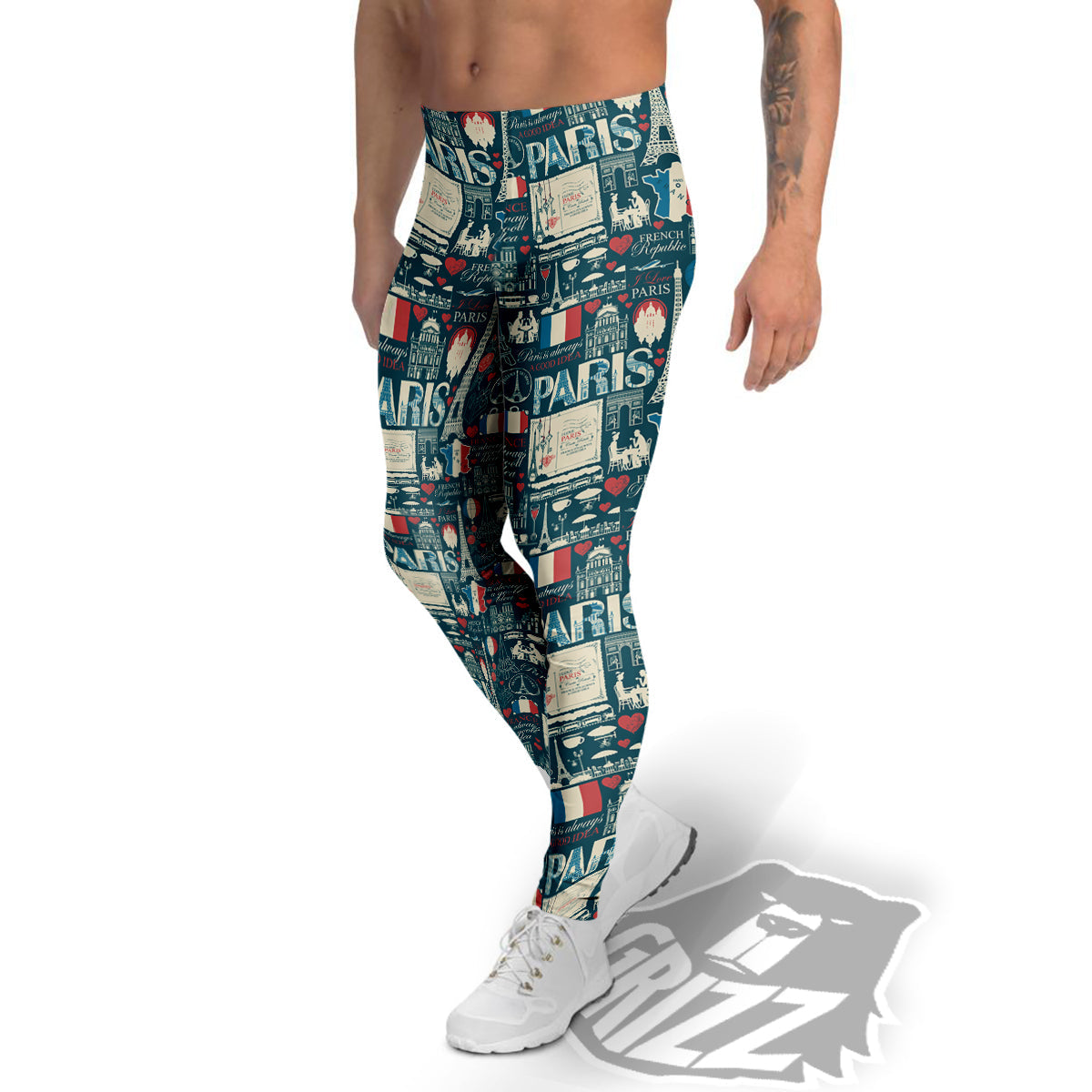 France And Paris Landmarks Vintage Print Pattern Men's Leggings-grizzshop
