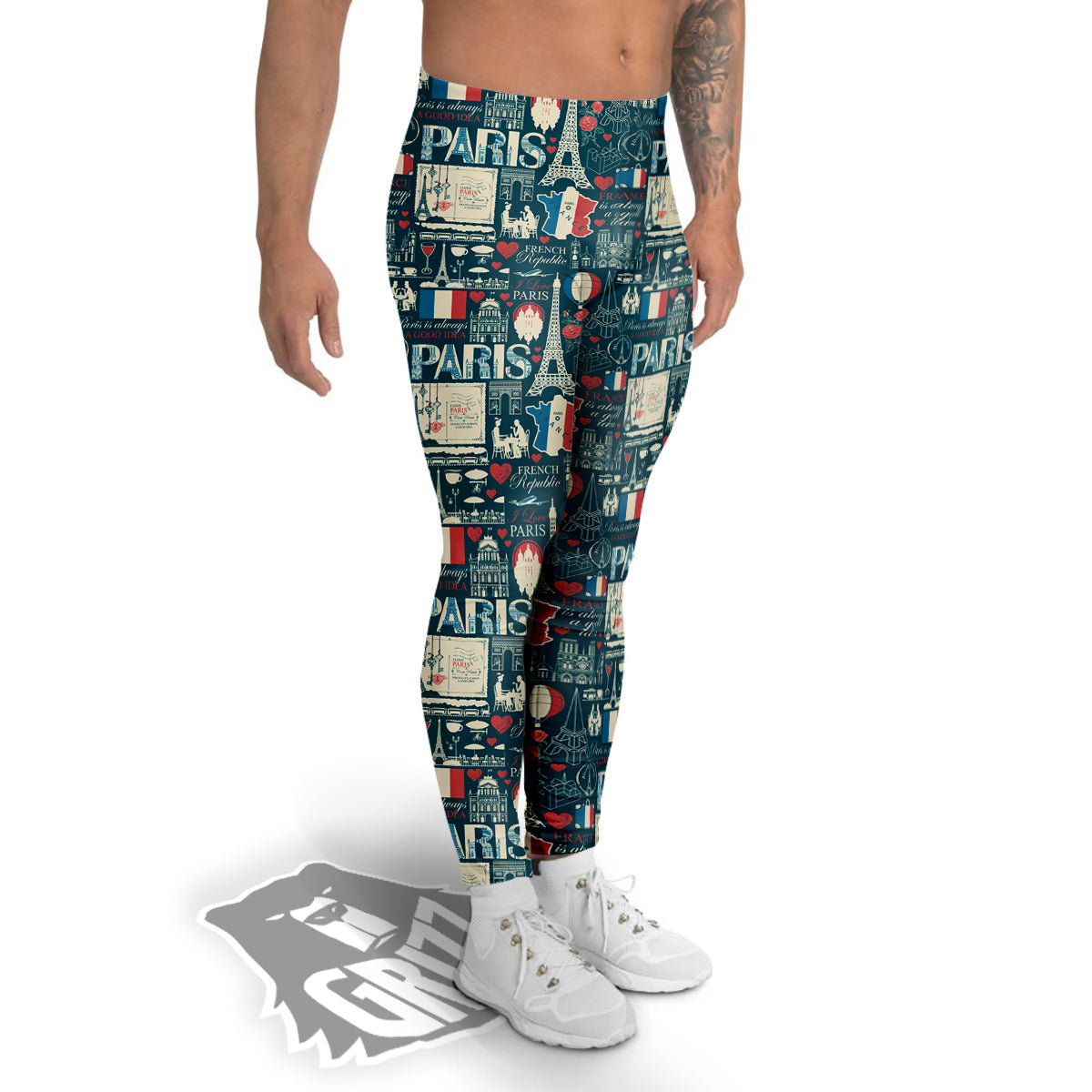 France And Paris Landmarks Vintage Print Pattern Men's Leggings-grizzshop
