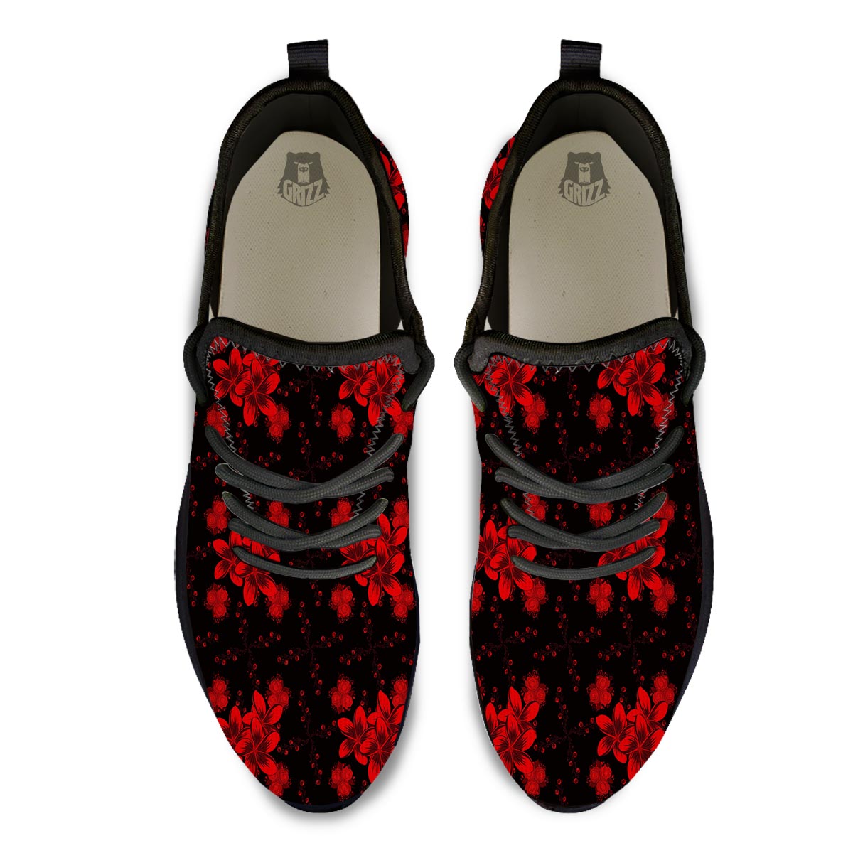 Frangipani Black And Red Print Pattern Black Athletic Shoes-grizzshop