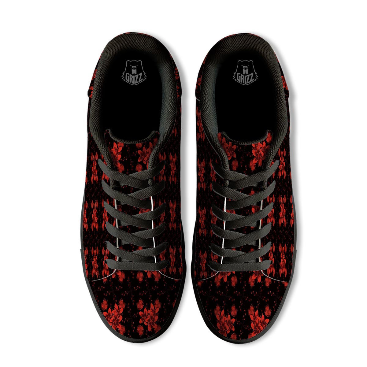 Frangipani Black And Red Print Pattern Black Low Top Sneakers-grizzshop