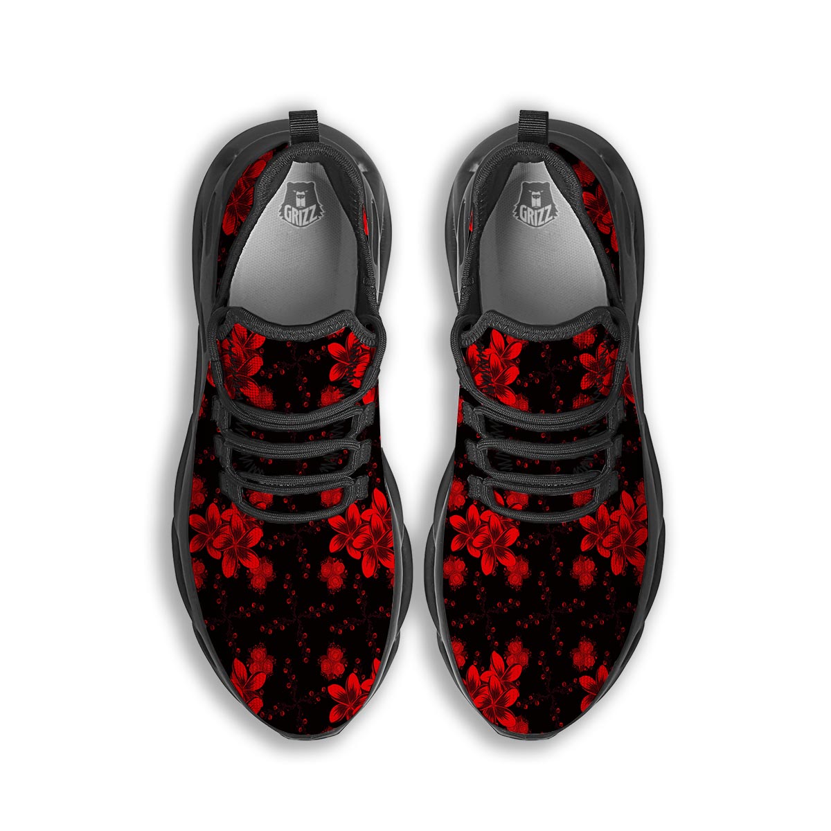 Frangipani Black And Red Print Pattern Black Running Shoes-grizzshop