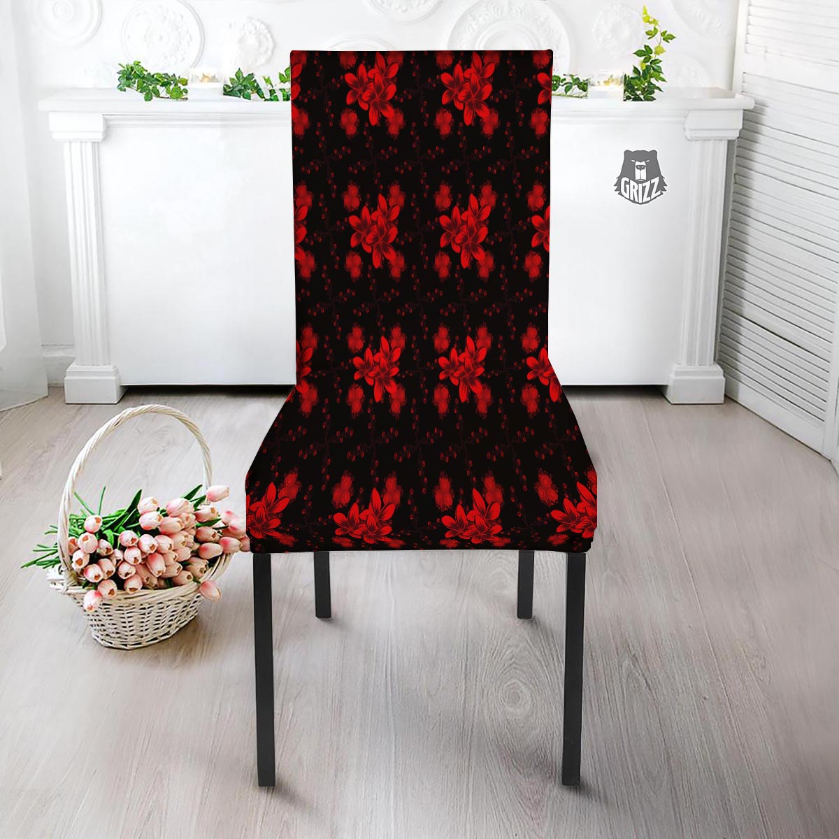 Frangipani Black And Red Print Pattern Dining Chair Slipcover-grizzshop