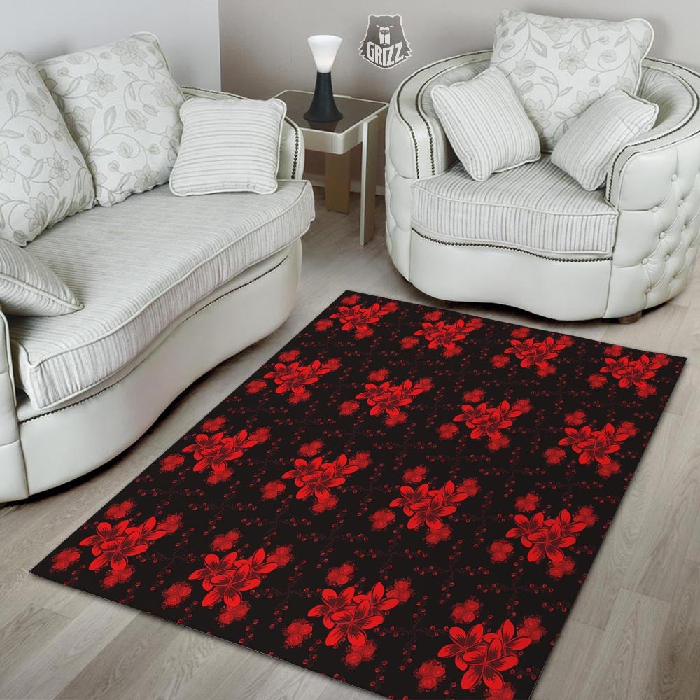 Frangipani Black And Red Print Pattern Floor Mat-grizzshop