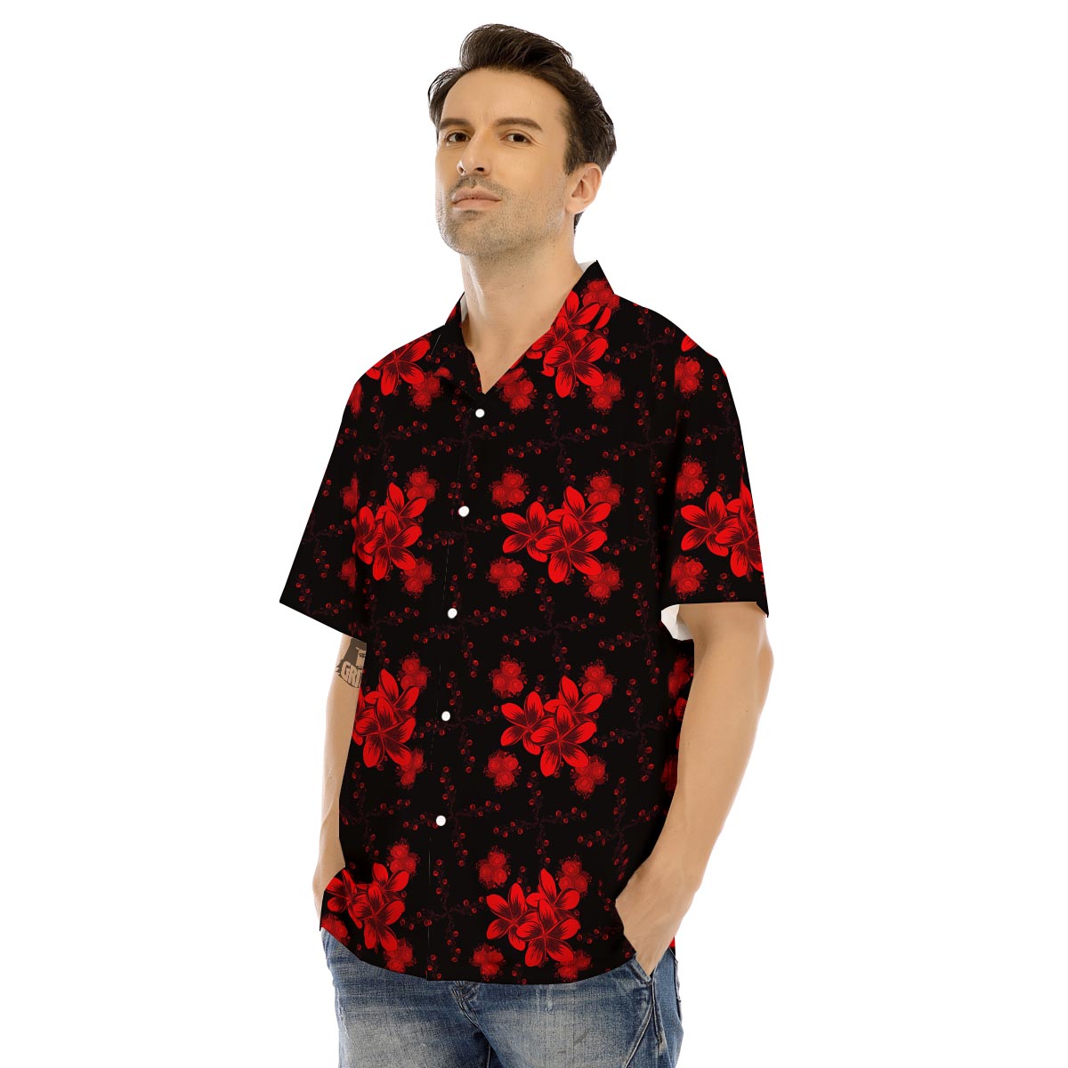 Frangipani Black And Red Print Pattern Men's Hawaiian Shirt-grizzshop
