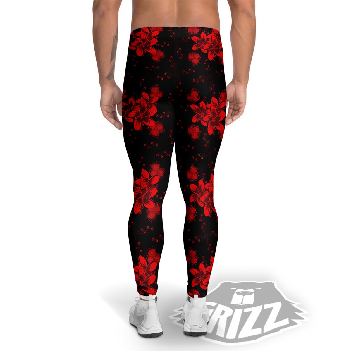 Frangipani Black And Red Print Pattern Men's Leggings-grizzshop