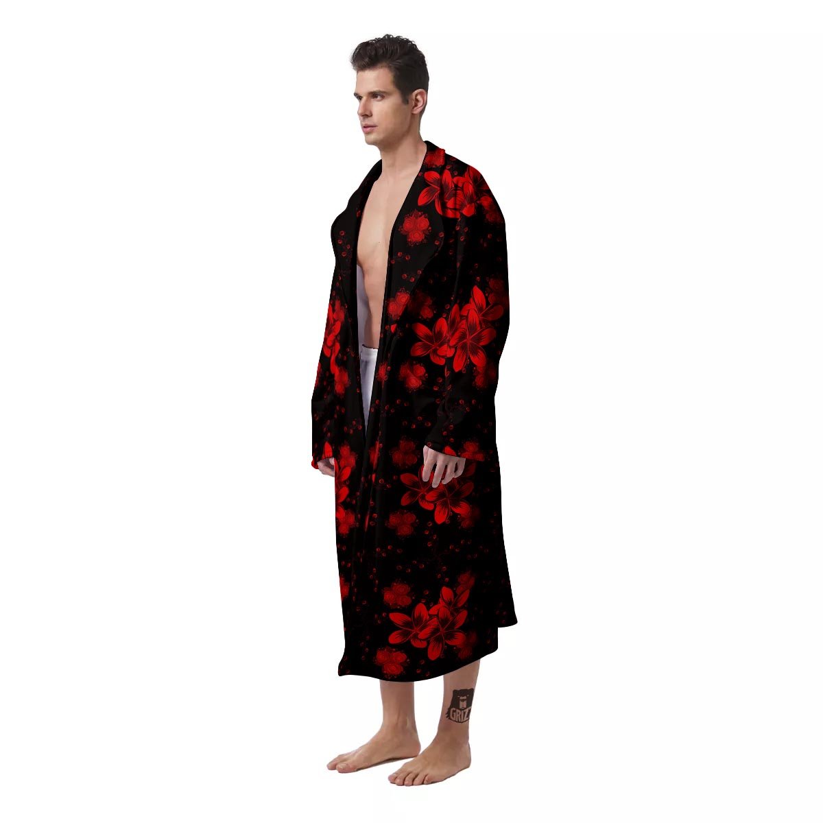 Frangipani Black And Red Print Pattern Men's Robe-grizzshop
