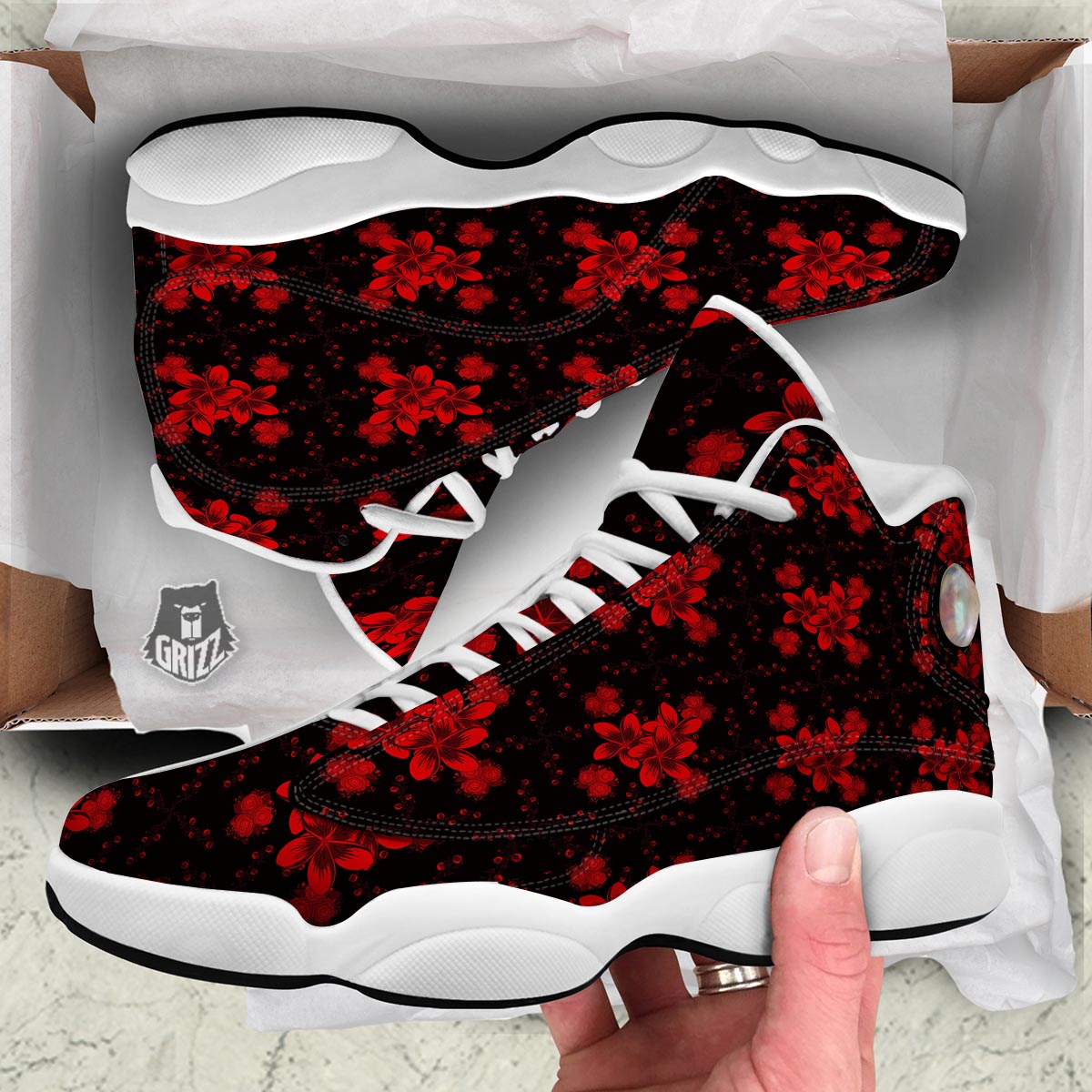Frangipani Black And Red Print Pattern White Basketball Shoes-grizzshop