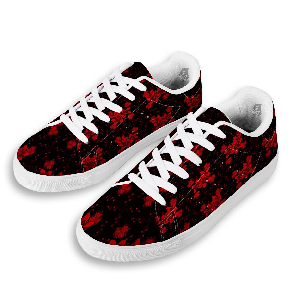 Frangipani Black And Red Print Pattern White Low Top Sneakers-grizzshop