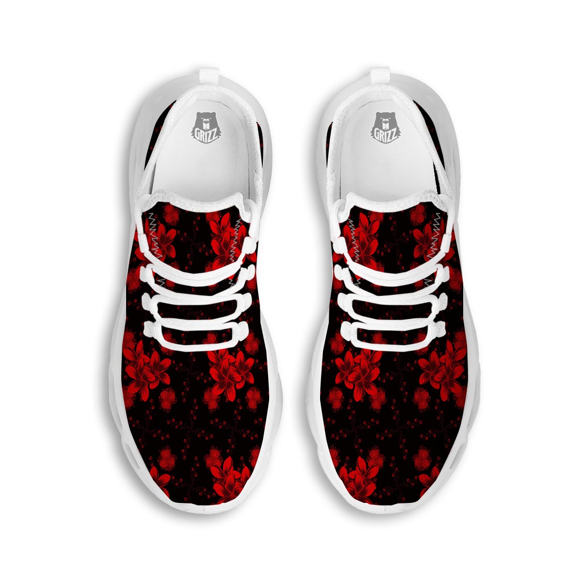 Frangipani Black And Red Print Pattern White Running Shoes-grizzshop